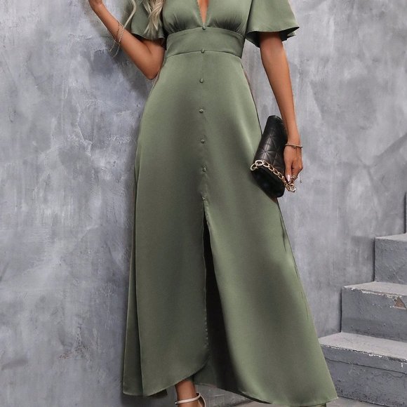 Army Green Preppy Womens Plunging Neck Butterfly Sleeve Button Front Dress - Picture 3 of 5